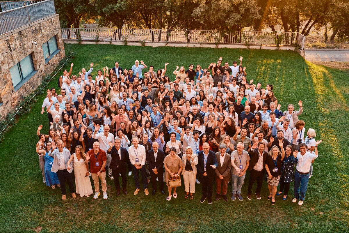 lots of people on a lawn, drone photograph