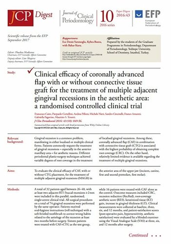 Coronally advanced flap surgery is more effective in treating certain multiple gingival recessions when combined with connective tissue graft – JCP Digest