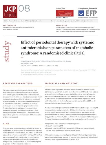 JCP Digest: Periodontal therapy – with or without adjunctive systemic antimicrobials – can have positive effect on metabolic status