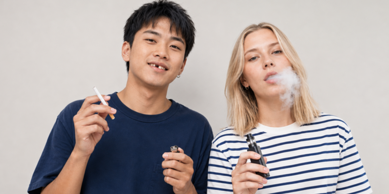 photo of a man smoking and a woman vaping